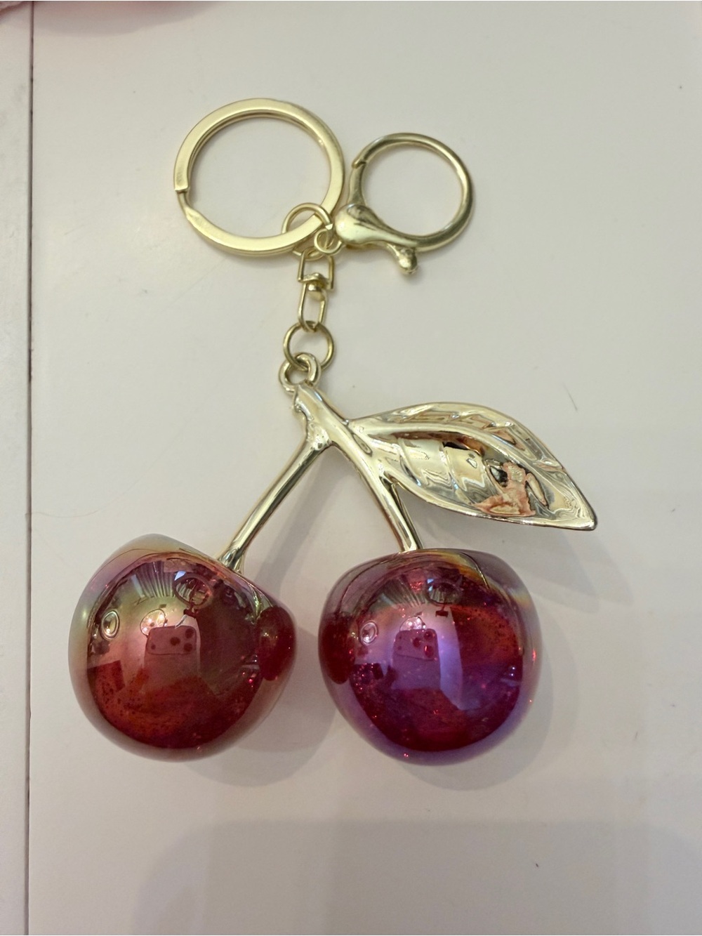 Gold Cherry Iridescent Red Cherries bag charm/Keychain